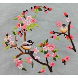 Vintage Embroidered Songbird Cherry Blossoms 10x10 Handmade Fabric Textile Art